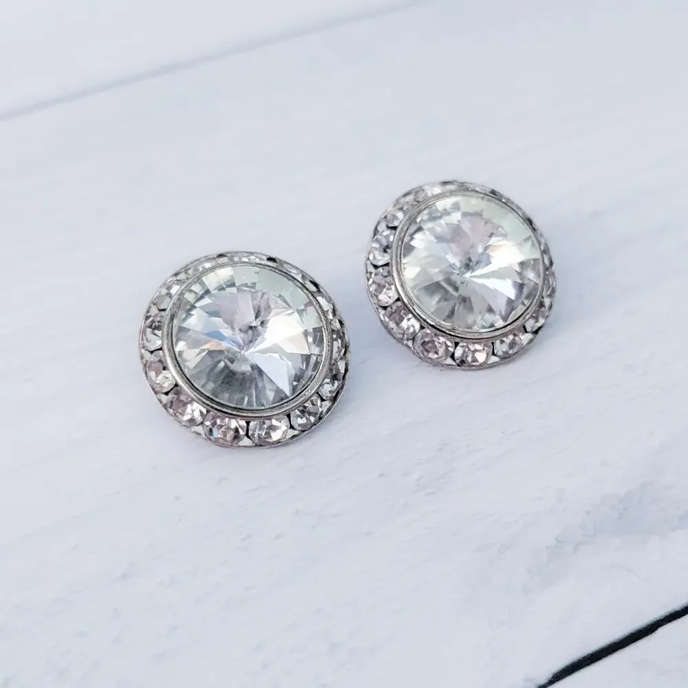 Vintage Clip On Earrings Large Clear with Clear Halo Costume Jewelry